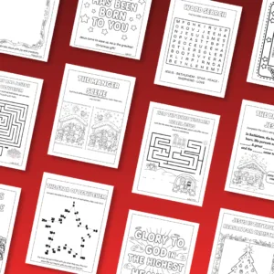 Páginas de actividades bíblicas infantiles en PDF: sopas de letras, laberintos de los Reyes Magos y une los puntos sobre fondo rojo.