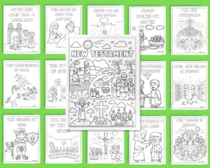 New Testament Bible story coloring pages set showing Jesus and miracles for printable Christian homeschool activities.