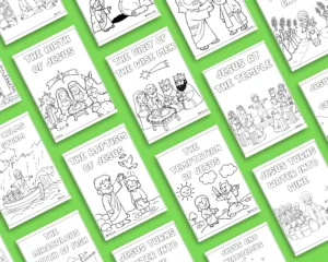 Life of Jesus Bible story coloring pages with Nativity and Baptism scenes for printable Christian homeschool activities.