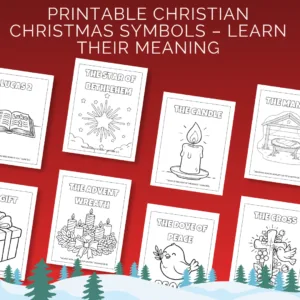 Fichas en PDF para colorear símbolos cristianos de Navidad: la estrella de Belén, la vela, la corona de Adviento y la cruz sobre fondo rojo.