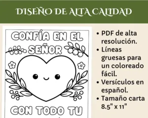 Detalle de página para colorear de Proverbios 3:5 con dibujo de corazón y texto explicativo del formato PDF imprimible en alta resolución.