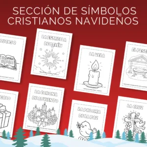 Páginas para colorear sobre símbolos cristianos navideños: La Estrella de Belén, La Vela, La Corona de Adviento y La Cruz en PDF.