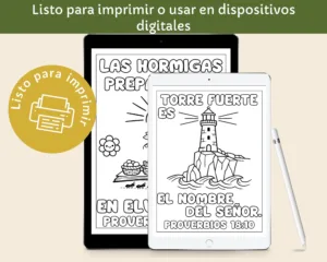 Páginas de Proverbios 18:10 para colorear mostradas en dos tabletas digitales con lápiz óptico, listas para imprimir o usar en dispositivos.