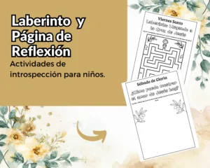 Hojas imprimibles en PDF con laberinto del Viernes Santo y actividad de reflexión sobre el amor de Jesús para niños en Semana Santa.