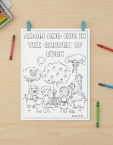 Adam and Eve in the Garden of Eden coloring page with Genesis verse for printable Christian homeschool activities.