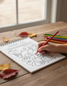 Mano de niño coloreando con lápiz rojo la página 'Mesa de Thanksgiving' en un libreta sobre mesa de madera con hojas secas.