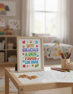 Lámina enmarcada para colorear con la frase 'Doy gracias a Dios todos los días' sobre mesa infantil con lápices y hojas secas.