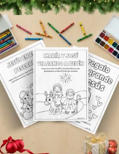 Hojas para colorear de María y José viajando a Belén con versículo de Lucas 2, crayones, acuarelas y adornos navideños.