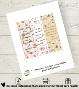 Hoja PDF imprimible con guías de corte que contiene 3 separadores bíblicos florales con versículos.