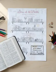 Plano cenital de hoja impresa del rastreador de libros de la Biblia en PDF para colorear junto a Biblia abierta, lentes y lápices de colores.