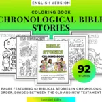 Chronological Bible stories coloring book cover showing printable PDF pages for Christian homeschool and Sunday School.