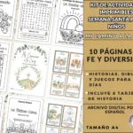 Kit imprimible de actividades bíblicas de Semana Santa para niños en PDF con hojas de colorear, laberintos y 8 tarjetas de historias.