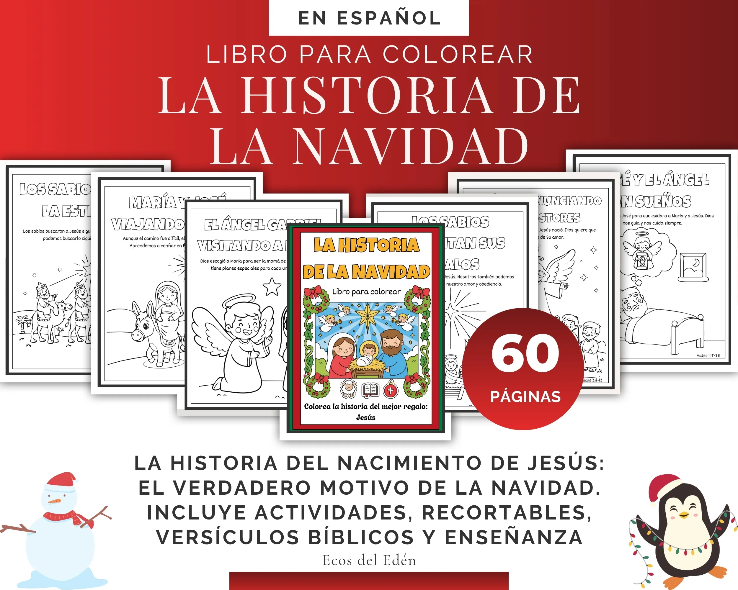 Portada de libro para colorear La Historia de la Navidad con 60 páginas de actividades bíblicas infantiles y recortables en PDF.