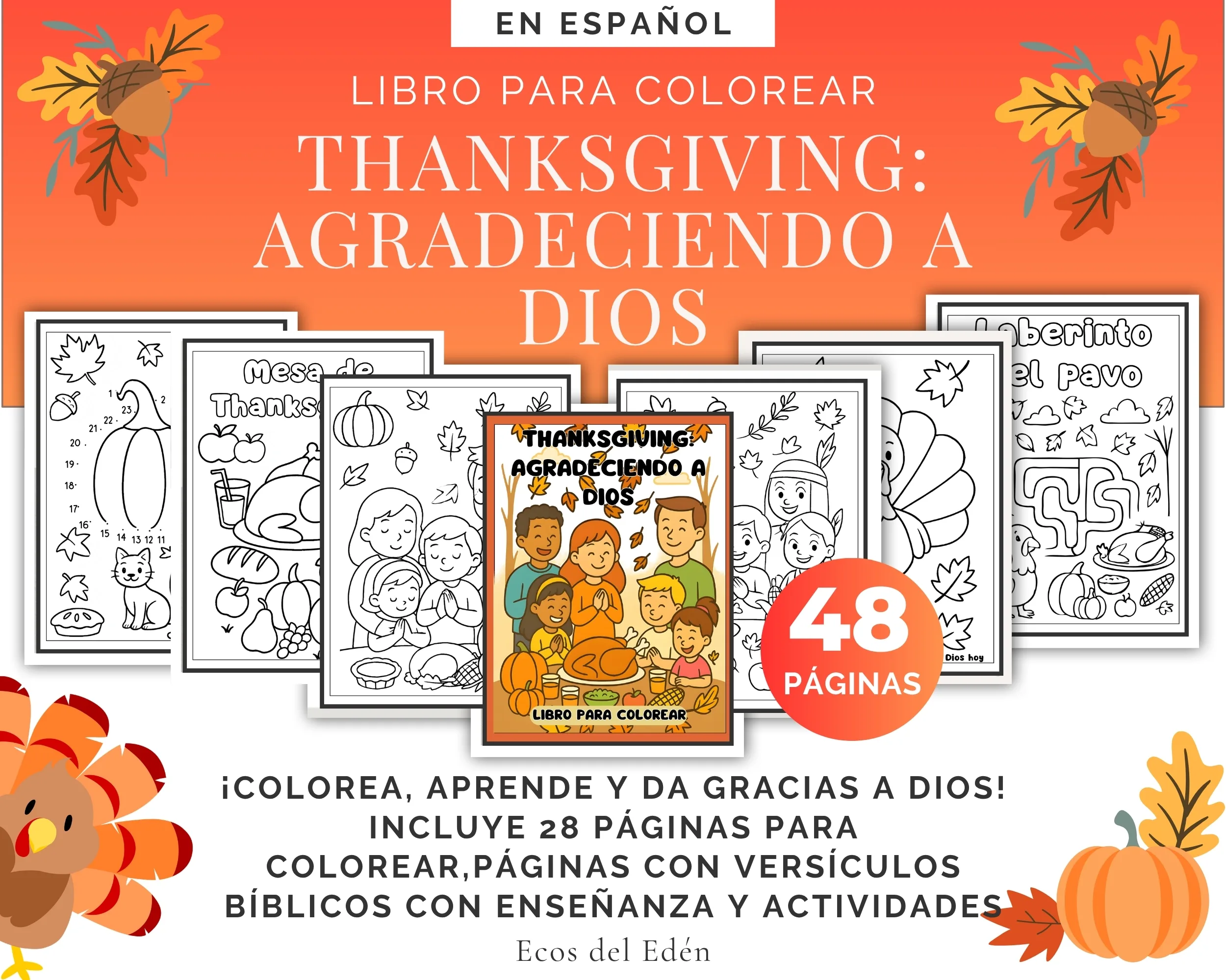 Libro para colorear cristiano de Acción de Gracias en PDF con 48 páginas, actividades y versículos bíblicos de gratitud para niños.