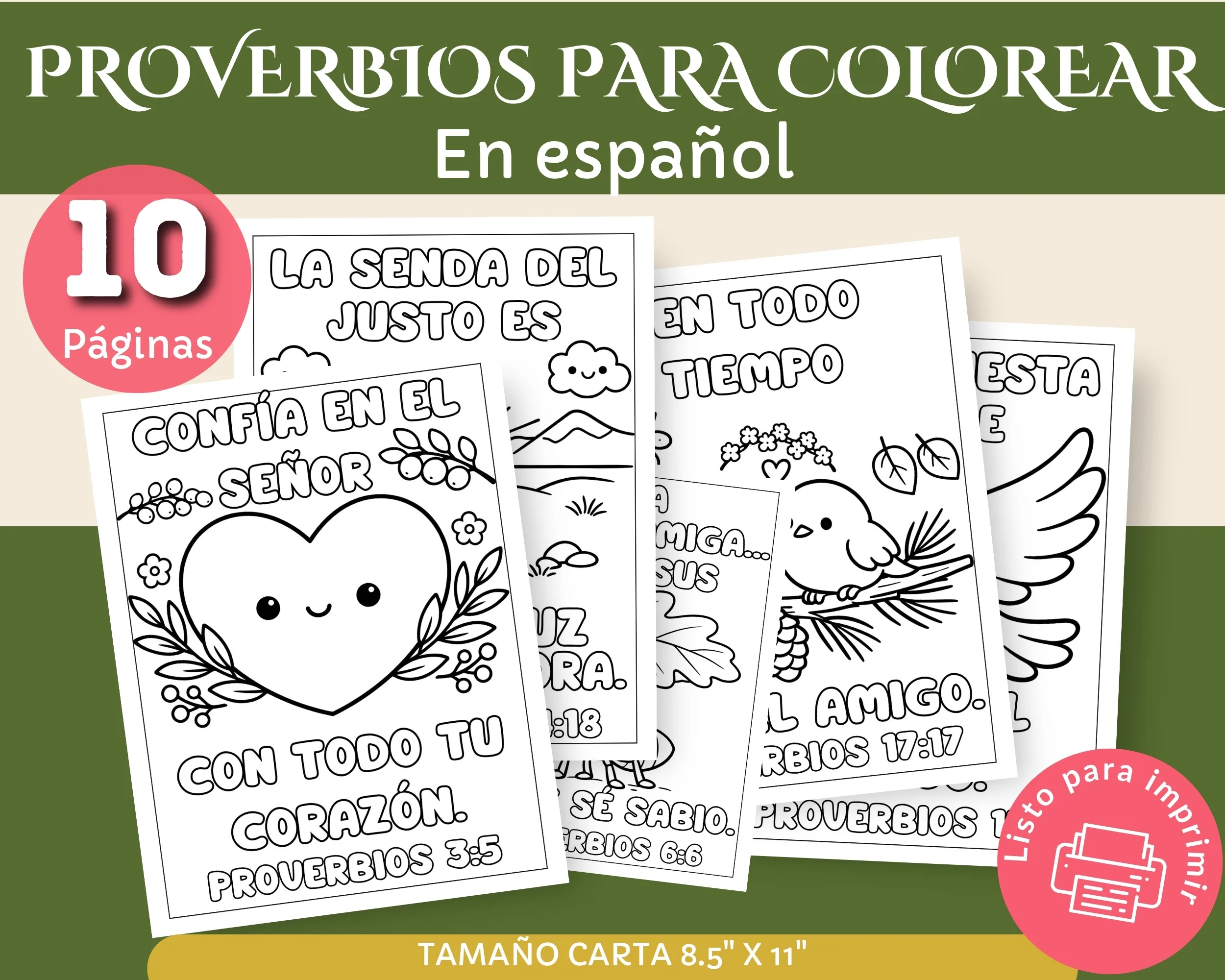 10 páginas para colorear en español con versículos de Proverbios para niños, estilo minimalista en formato PDF listo para imprimir en tamaño carta.