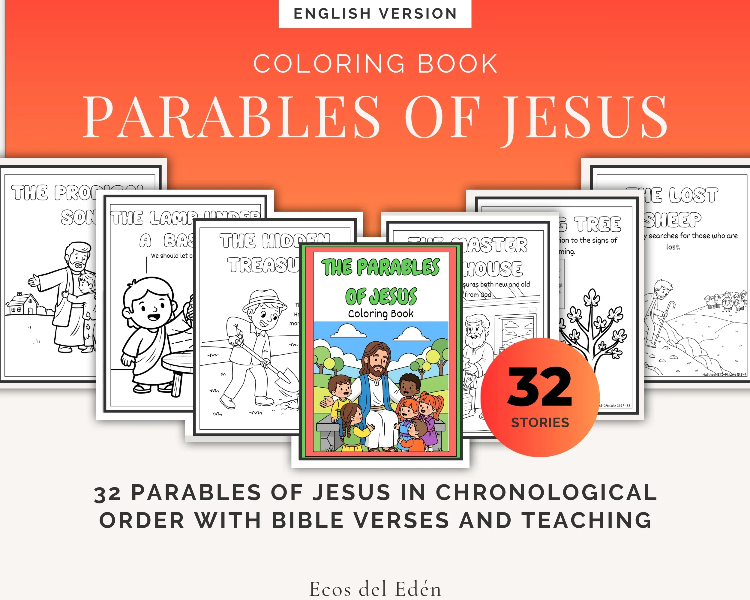 Portada del libro "Parables of Jesus Coloring Book" con 32 páginas imprimibles en PDF para niños de Ecos del Edén.