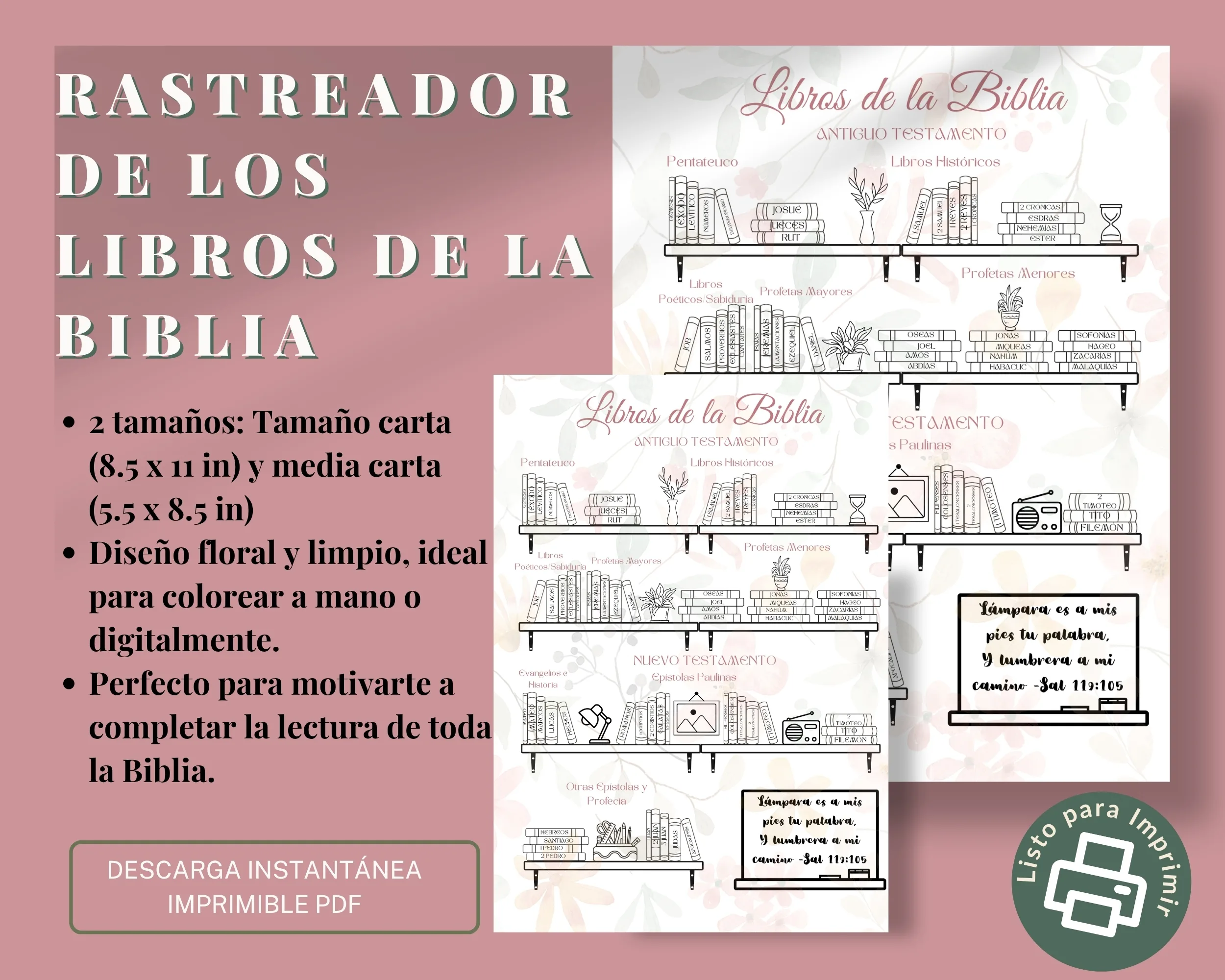 Rastreador de los 66 libros de la Biblia en PDF para imprimir con estantes florales, ideal para colorear y organizar tu lectura devocional.