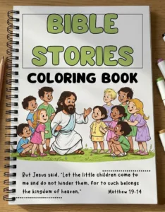 Spiral Bible stories coloring book cover showing Jesus with children for Christian homeschool and Sunday School printable activity.