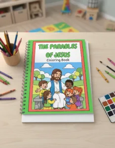 Libro para colorear sobre las parábolas de Jesús en espiral con lápices y acuarelas en una mesa de madera.