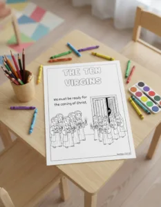 Página para colorear de la parábola de las diez vírgenes sobre una mesa infantil de madera con lápices de colores.