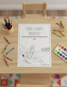 Página para colorear de la parábola de la oveja perdida sobre una mesa de madera con lápices y crayones.