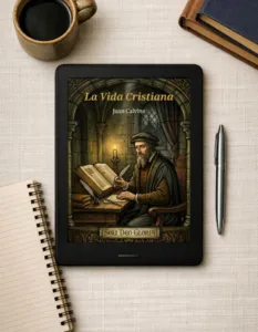 Lector Kindle con la portada de La Vida Cristiana de Calvino junto a un café y libreta sobre mantel de lino.