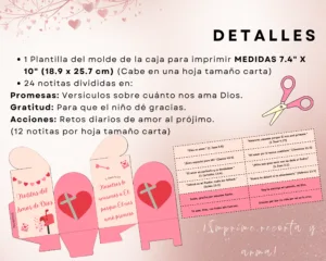 Detalles de la plantilla para armar la cajita y las 24 notitas de promesas, gratitud y acciones en PDF para niños y escuela dominical.