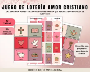 Tablas y fichas del juego de lotería con símbolos cristianos en diseño boho, ideal para actividades en familia o escuela dominical.