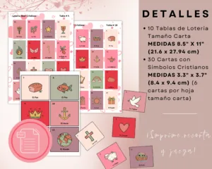 Detalles del tamaño de las 10 tablas y 30 cartas del juego de lotería bíblica en PDF para imprimir en casa y disfrutar en familia.