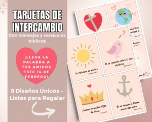 Vista de las 8 tarjetas de intercambio con diseños cristianos (cruz, corazón, ancla) y versículos RV60 para imprimir, ideal para escuela dominical.