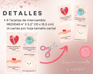 Detalles de las 8 tarjetas de intercambio con medidas de 4x5.2 pulgadas, con instrucciones para imprimir, recortar y regalar en casa o la iglesia.