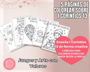 5 páginas imprimibles en PDF para colorear basadas en 1 Corintios 13, ideales para actividades cristianas infantiles y escuela dominical.