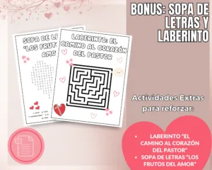 Hojas de actividades imprimibles en PDF que incluyen un laberinto y una sopa de letras con temática cristiana para niños.