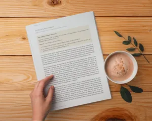 Mano sosteniendo la página impresa del libro La Vida Cristiana de Calvino sobre mesa de madera con café.