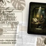 Portada de La Vida Cristiana de Juan Calvino en tablet y PDF impreso sobre fondo neutro con sombras de olivo.