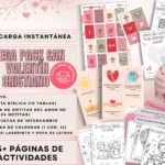 Portada del Mega Pack San Valentín Cristiano con lotería bíblica, tarjetas y manualidades en PDF para escuela dominical y educación en casa.