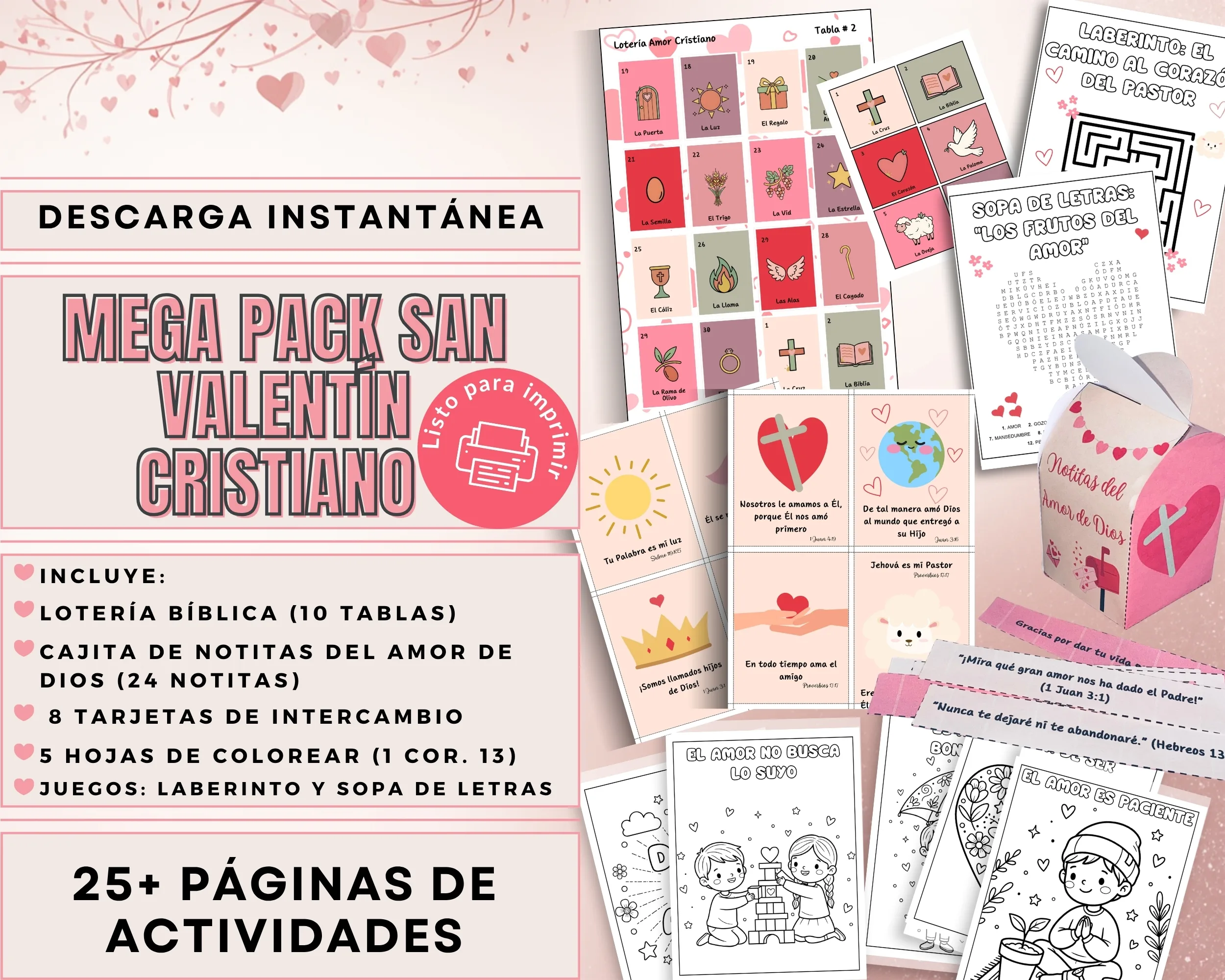 Portada del Mega Pack San Valentín Cristiano con lotería bíblica, tarjetas y manualidades en PDF para escuela dominical y educación en casa.